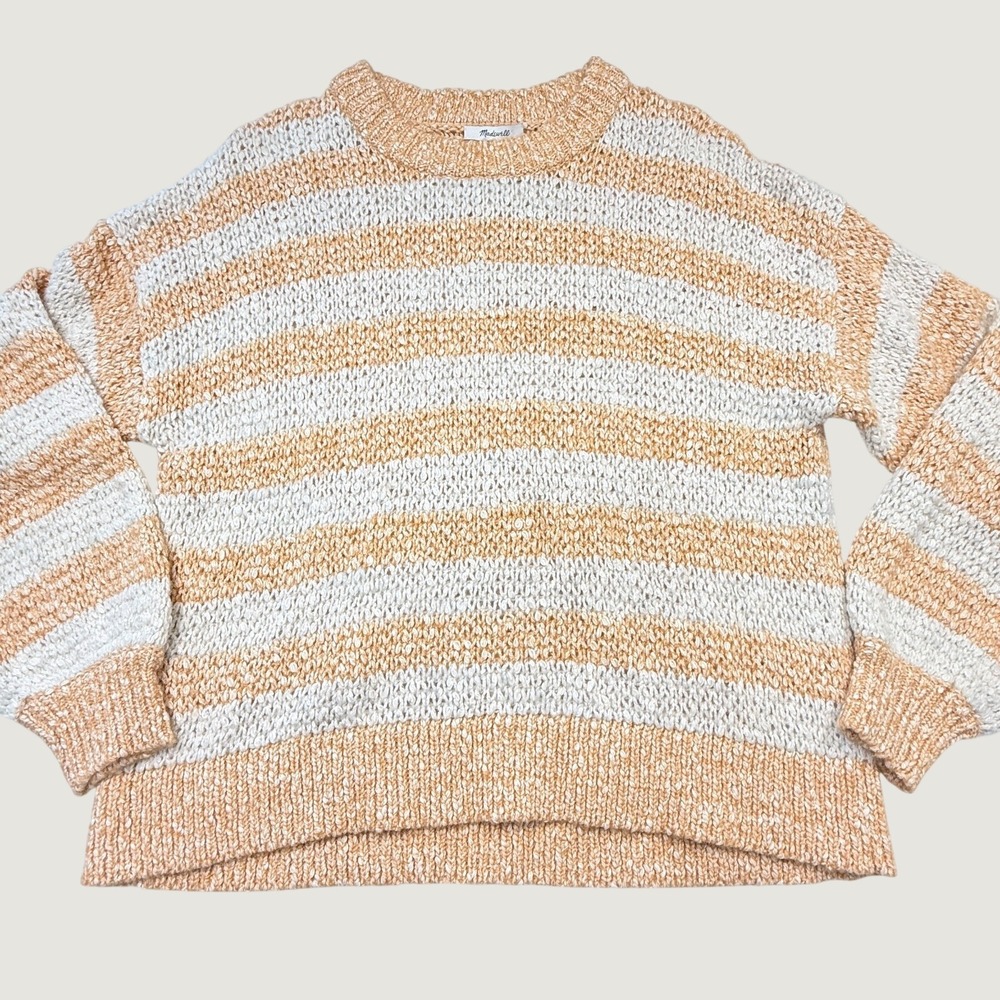 Madewell Baez Striped Crewneck Sweater Women Large Peach White Loose/Open Knit